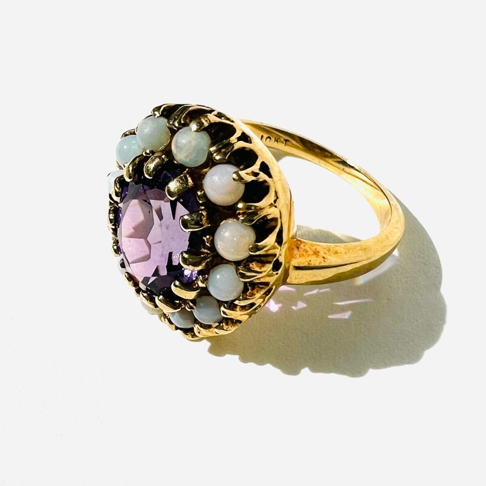 Vintage Amethyst and Seed Opal 10k Gold Ring Size 5.5/6 Estate Hallmarked - Picture 7 of 16